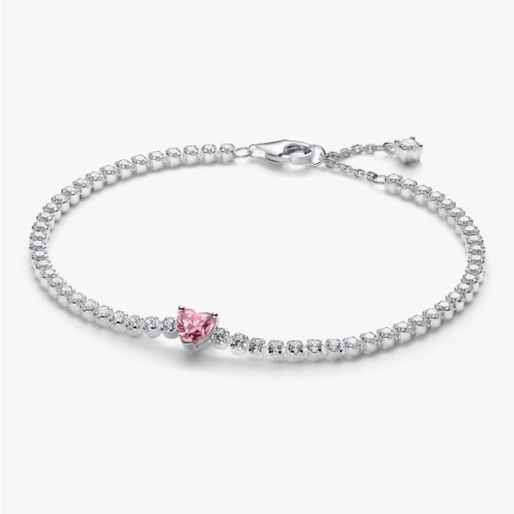 NIB PANDORA Pink Sparkling Heart Tennis Bracelet 6.3”